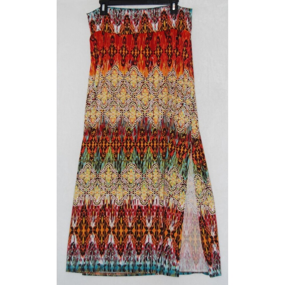 AB Studio XL Long Boho Grunge Tribal Skirt Side Slit Brown Orange Yellow 90's